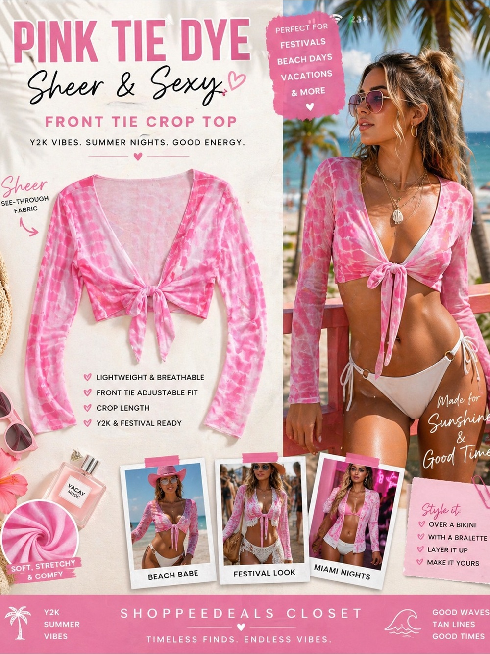 Pink Tie Dye Sheer Long Sleeve Front Tie Crop Top | Y2K Festival Vibe